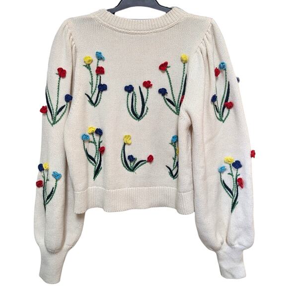 Alice + Olivia Cream Floral Embroidered Sweater Cotton Wool Blend Puff Sleeve M - Picture 4 of 6